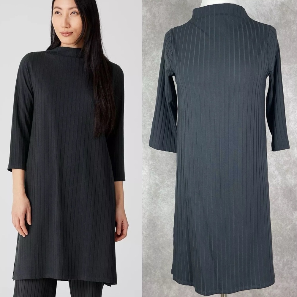 Eileen Fisher Washable Stretch Rib Funnel Neck 3/4 Sleeve‎ Jersey Dress Blue XXS